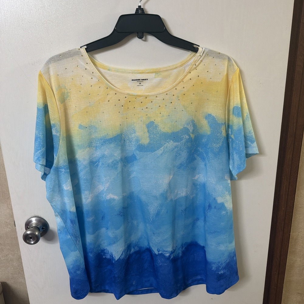 Allison Daley Women Yellow Blue Ombré Sky Embellished Shirt Size 3X NEW